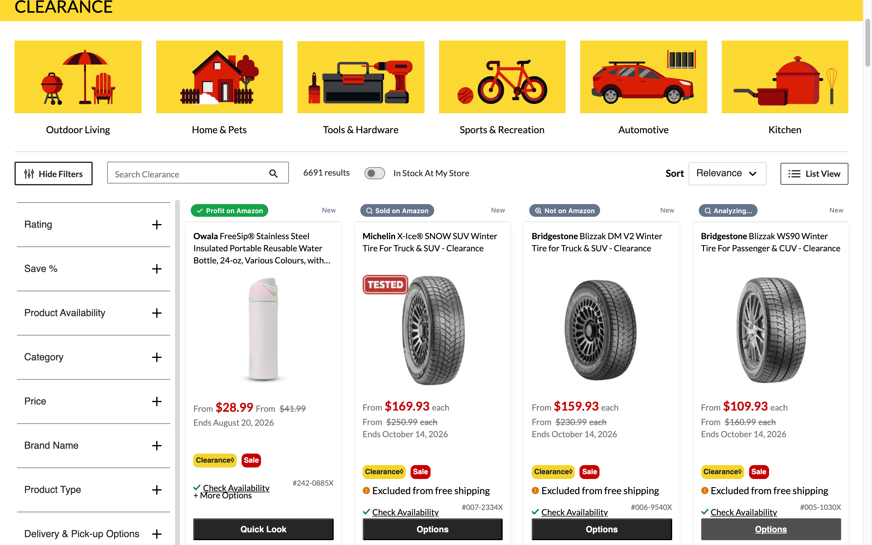 Une liste de liquidation Canadian Tire avec les barres de superposition EconoFlip sous chaque produit